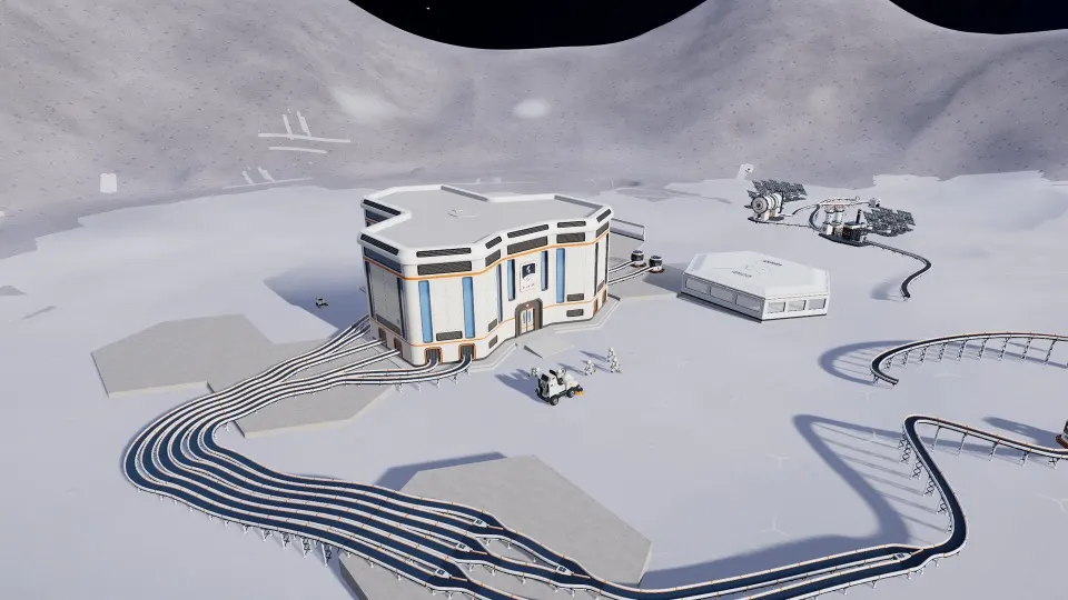 A Moon Sweepers base seen from above, with conveyor belts winding around the depot