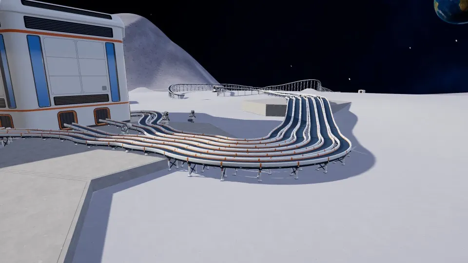 Several conveyor belts curving from a Moon Sweepers base out across the lunar surface