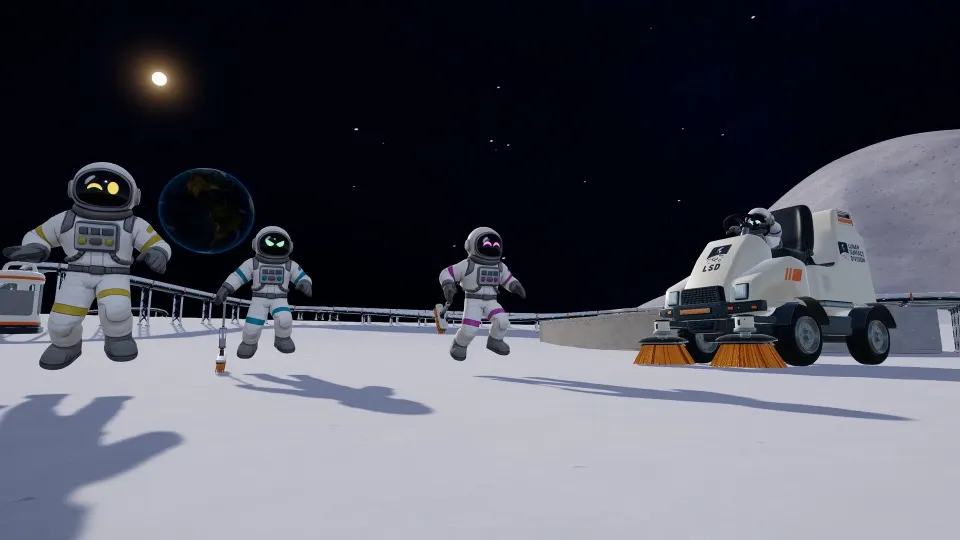 Three astronauts floating next to a ride-on sweeper vehicle