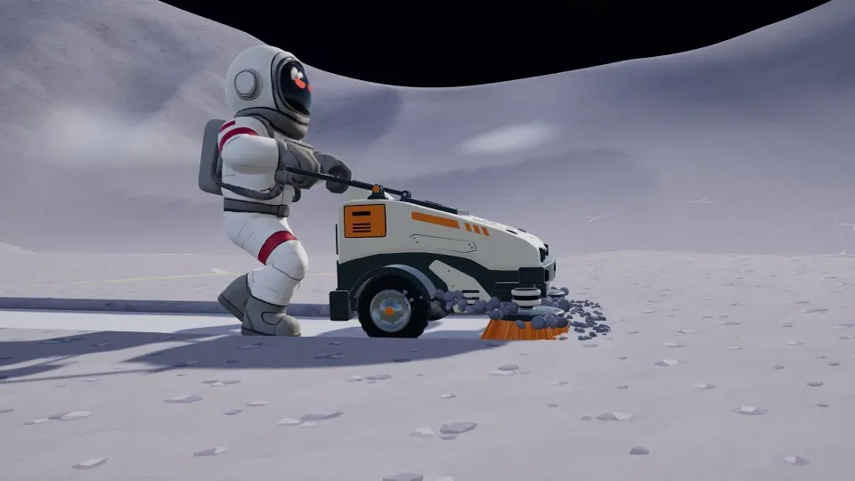 An astronaut walking behind a push sweeper vehicle