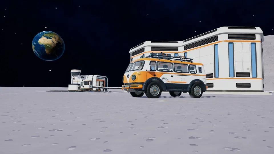 The orange-and-white Crew Transport Van parked next to a station on the Moon